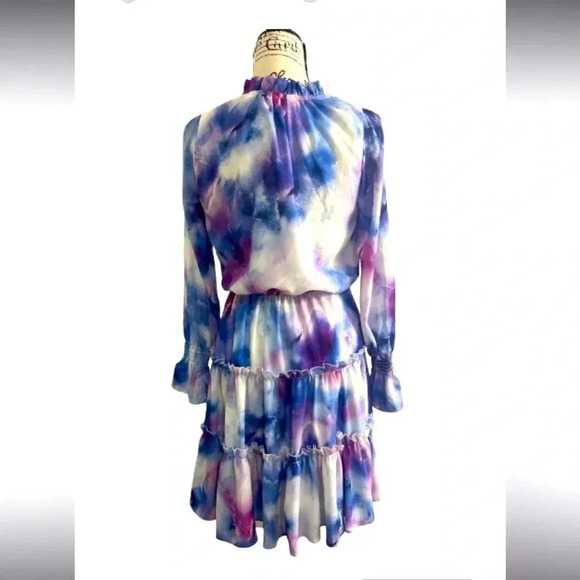 ELLEN TRACY DRESS BLUE & PURPLE PASTELS BOHEMIAN RUFFLES  LONG SLEEVES SIZE XS - Picture 3 of 10